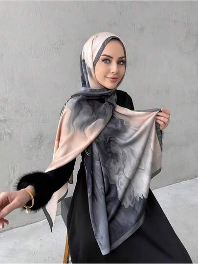 1条雪纺印花围巾，优雅奢华复古色系女士头巾披肩，可用作头巾、披肩、长袍配饰、女士面纱，适合搭配连衣裙。