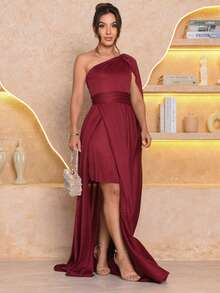 Women's Long Dress With Cape Party Wedding Prom Bridesmaids Elegant Casual Party Mesh Belted Evening Holiday Wedding Birthday Party Baby Shower Babymoon Garden Formal & Evening Photoshoot Bachelorette Party Brunch - 紅木色 - 查看 2