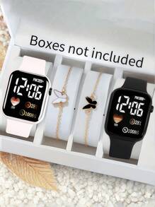 4pcs/Set 2pcs Cartoon Heart Square Digital Watch And 2pcs Butterfly Bracelet Valentine's Day Gift Christmas Gift Graduation Gift Couple Gift Couple Watch Bracelet The Best Choice For Halloween, Christmas, Valentine's Day, Mother's Day, Holiday Gift