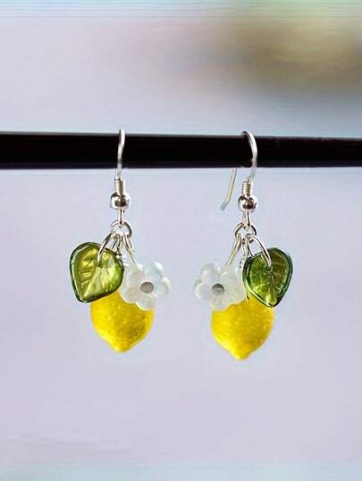 1 Pair Glass Lemon Flower Earrings, Colorful Creative Earring Hooks, Refreshing And Sweet For Girls