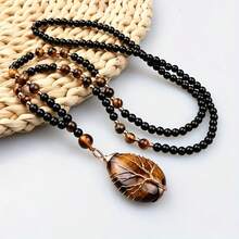 2025 Boho Chic Tree Of Life Necklace For Women - Hand-Woven Metal Wire Wrapped Brown Waterdrop Stone Pendant With Frosted Black Beads, Adjustable Sweater Chain, Spiritual Meditation Jewelry, Unique Gift For Mother's Day & Anniversary - 棕色 - 查看 3
