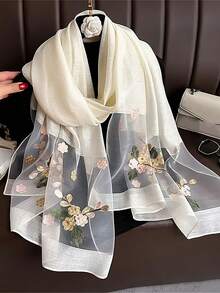 1pc Floral Embroidered Pearl Silk Scarf, New Fashionable & Elegant Woven Shawl For Women, Sunscreen Headscarf, Beach Cover Up' For Dress - Multicolor - View 1