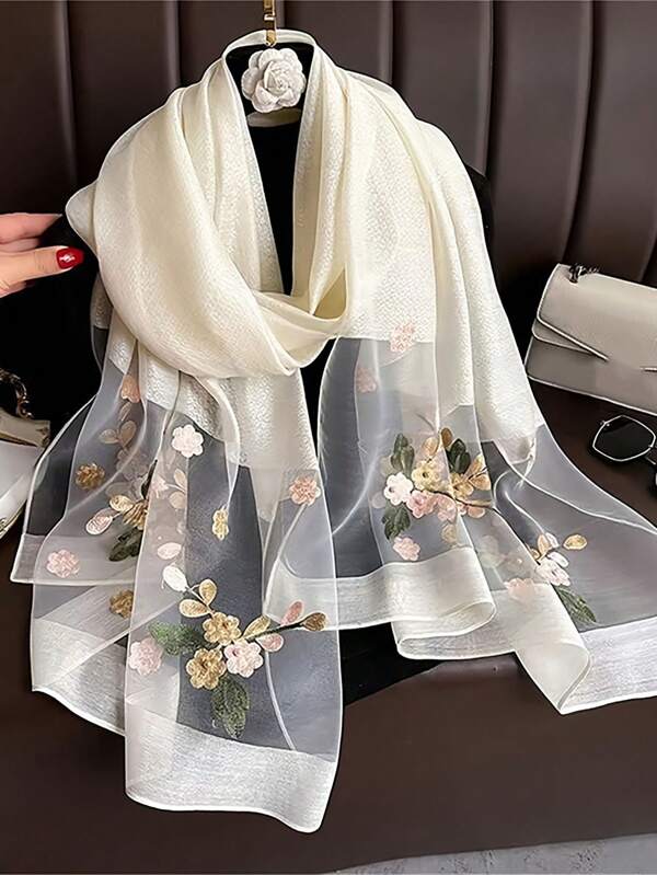 1pc Floral Embroidered Pearl Silk Scarf, New Fashionable & Elegant Woven Shawl For Women, Sunscreen Headscarf, Beach Cover Up'