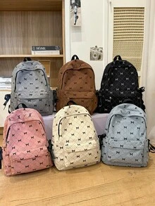 新款时尚蝴蝶结印花大容量学生背包，多功能休闲多口袋通勤包，女士背包，学院风书包，可爱蝴蝶结背包，返校必备，大学背包，大学必备单品