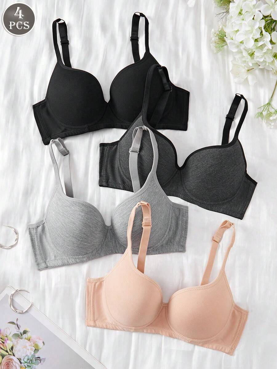 4PCS Women's Comfortable Multicolour Modal Material Underwire Soft Cup Solid Bralette Lingerie Underwear Bra - Multicolor - View 1