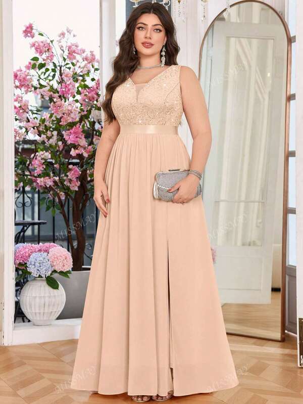 Vestido formal de fiesta con escote profundo en V, con lentejuelas, encaje floral y gasa sin mangas para tallas grandes