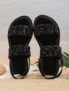 1 双加大码幼儿/小女孩黑色平底凉鞋，纯色 PU 材质，闪亮水钻装饰，可调节踝带，圆头，防滑，夏季时尚休闲凉鞋，适合 3-15 岁