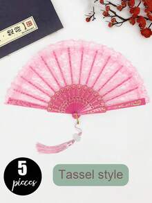 5片/2片/1片 新款中式复古黑色蕾丝折扇旗袍扇流苏古风单层兰花手扇折扇舞台表演扇舞台道具摄影折扇道具 - 彩色 - 查看 9