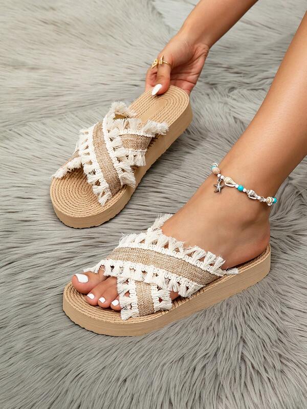 Women's Platform Wedge Sandals, Thick-Soled Slide Sandals, Beige, Brown, Khaki, Boho Tassel Beach Shoes, Crisscross Strap, Summer