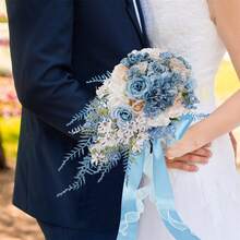 1pc Premium Artificial Flowers Blue Series Rose Bouquet - Romantic Water Drop Design Wedding Hand Flower For Bridal, Lifelike & Durable, No Maintenance Home Decor, Elegant Floral Arrangement For Bridal Showers, Faux Flowers,Wedding Bouquet, Bridal Accessory, Elegant Floral Design, Maintenancefree Blooms - 藍色 - 查看 7
