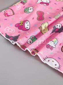 Sanrio 1 Stück Damen Rosa Sanrio Familie Süßer Digitaldruck, Transparentes Mesh & Rückenausschnitt, Rosa Pyjama, Süßes Nachthemd, V-Ausschnitt, Kontrastspitze, Seitenschlitz, Babydolls, Sexy Dessous, Sexy Dessous Kleid