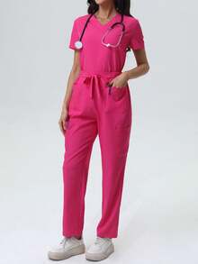 V-Neck Multi-Pocket Waist Tie Scrubs Uniform Set, Nurse Scrubs Workwear For Dentist, Healthcare, Pet Hospital, Laboratory - Hot Pink - View 10