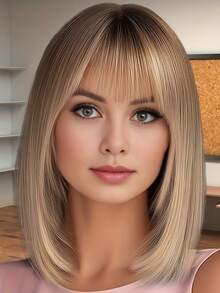 女士基本款波波头，带刘海，白色渐变色合成假发，哑光效果，高温纤维，玫瑰网帽，自然外观 - 彩色 - 查看 2