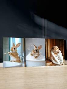Set Of 3 Cute Rabbit Poster, Bathroom Fun Modern Artwork, Bubble Bath Canvas Print Wall Arts, Cozy Towel Posters, Mirror Reflection Wall Decor, Playful Pet Wall Arts, Poster, Room Aesthetic, Ideal Gift, Optional Framed ,Wall Art With Frame