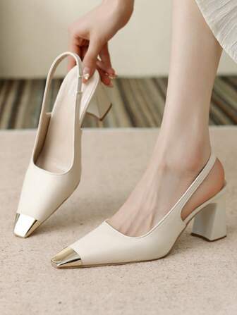 法式尖头高跟凉鞋，适合女士，夏季连衣裙，粗跟，露跟设计，独特的小众鞋款，方头法式女式高跟鞋，高贵金属摇滚，通勤高跟凉鞋