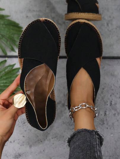 Sandalias planas de verano con suela blanda de TPR, estilo boho con diseño cruzado, corte calado y tela para mujer, perfectas para vacaciones en la playa o el verano