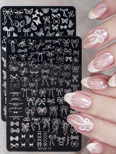 Kawaii Bow Pattern Nail Stamping Plate Rose Butterfly Leaf Nail Art Plate For Stamping, Heart Star Moon Lace Floral Stamping Nails Stencil Templates Transfer Printing Mold Manicure Tools