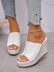 1 Pair Women Slip-On Wedge Sandals, Open Toe, Metallic Stone Patterned Leather, Lightweight, Non-Slip, Versatile For Beach Wear - White - View 5