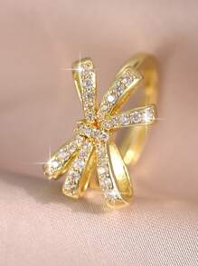 1 Peça Elegante Anel Aberto Dourado de Mulher com Laço de Zircônia Cúbica, Anel de Casal Glamoroso para Aniversário, Encontro, Solteiro, para Uso Diário, Formatura, Presente de Joias