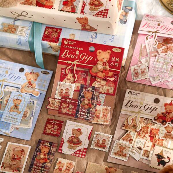 30 Stücke Cartoon-Bär Stempel Aufkleber mit Goldrand, Kuvert-Geschenk-Dekorationsaufkleber, hochwertige wasserfeste Vinyl-Aufkleber für Scrapbooking, Tagebücher und Laptops - dekorative Sammelalbum-Zubehör für Erwachsene, Schulsachen