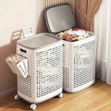 Laundry Basket With Wheels – White & Gray Plastic Hamper With Ventilated Sides For Clothes – Movable Storage Solution For Dorms, Bedrooms, And Bathrooms, Laundry Room Accessories, Laundry Baskets.