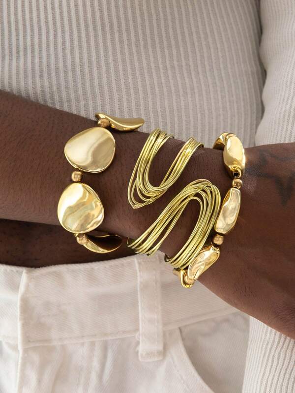 imoli 3pcs Fashionable Exaggerated Asymmetrical CCB Geometric Wire Hoop Beaded Chunky Jewelry Bracelet & Cuff Set