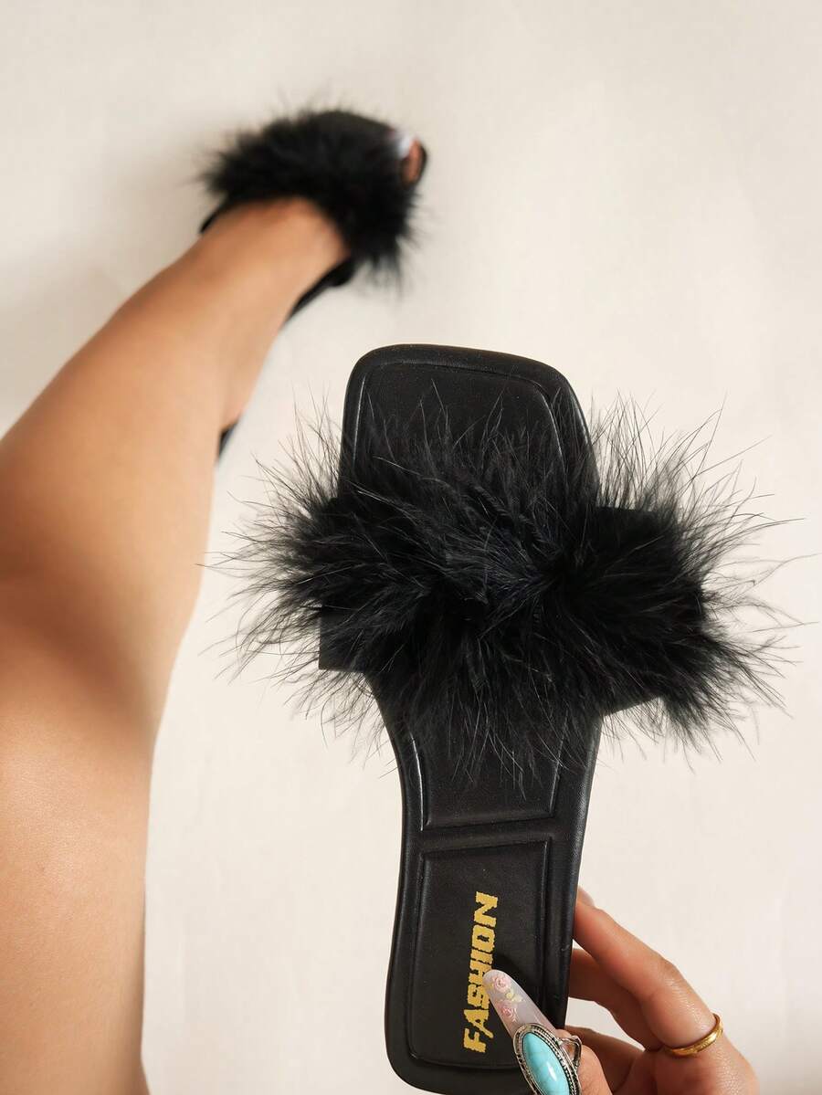 Women's Square Toe Flat Sandals, Fashion Party Strap Flip Flops Black Slippers, Sexy With Dress, Spring/Summer - Black - View 1