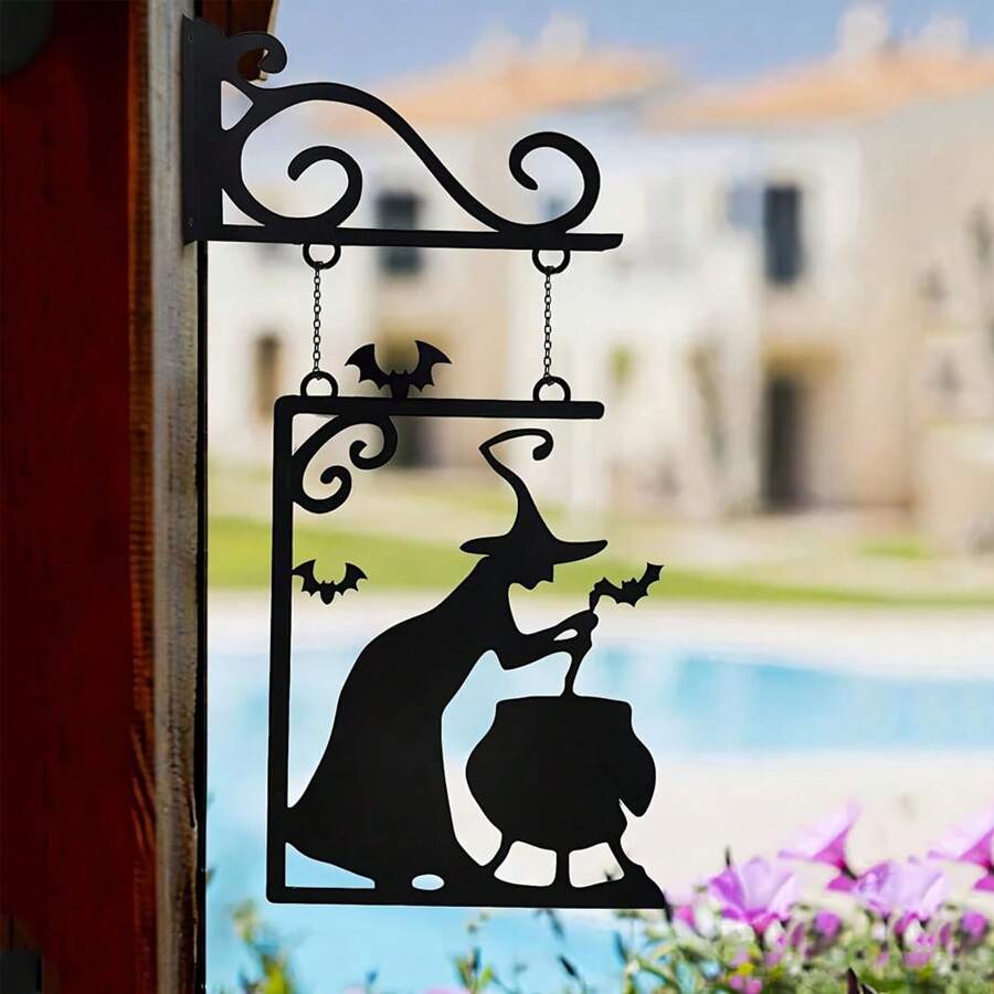 1 Stück Hexen-Silhouette Metall Wanddekoration, Eisen Kunst Halloween Dekoration mit Hexenhut und Kochtopf, Garten Hängende Verzierung, Heim- und Garten Außenwanddekoration, Halloween Dekoration, langanhaltend Metallkunst, Halloween Ornament