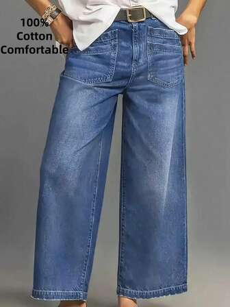 Jeans casuales anchos de pierna ancha con diseño de bolsillo, versátiles y de estilo retro para mujer