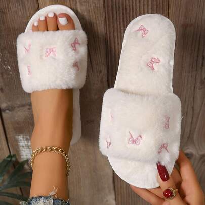 نساء الخريف / الشتاء الأحذية المطرزة بفيونكة للارتداء من دون ربط، أحذية منزلية فاخرة لجميع المواسم، أحذية نسائية مسطحة، أحذية منزلية، أحذية فرو ناعمة