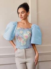 Modern Elegant Women Casual Floral Puff Sleeve Blouse, Spring/Summer Filipiniana Attire