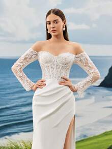 蕾丝缎飘逸优雅浪漫甜心领口奢华皇室婚纱白色婚纱高腰新娘婚纱教堂婚纱酒店婚纱花园婚纱海滩婚纱经典婚纱 - 白色 - 查看 6