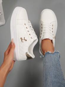 休闲女士户外运动鞋，圆头系带时尚百搭休闲鞋，春夏 - 白色 - 查看 1