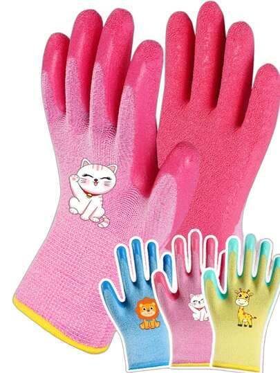 1 Pair Of Kids Gardening Gloves - Knitted Elastic Lining, Waterproof/Stain Resistant, Non-Slip And Latex Rubber Coated Palms, Provides Maximum Protection, Random Color/Style