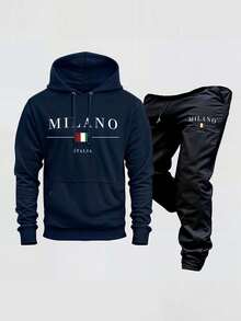 Sweatshirt Set Cold Weather Kangaroo Top And Cold Weather Pants Warm Coat Slim Men's Top And Pants Kit Tracksuit Comfortable Fabric - Màu xanh hải quân - Xem 2