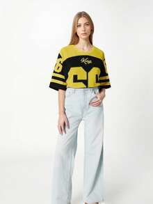 ODMYONO Koszulka damska z nadrukiem wielokolorowym Top Ins Style Luźna, wyszczuplająca koszulka z krótkim rękawem Młodzieżowa koreańska wersja Uniwersalna, swobodna koszulka bazowa - Żółty - Zobacz 3