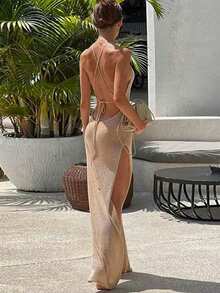 Yuwenier Sheer Knit Maxi Dress Halter Neck Backless High Slit Dress Knit Knit Summer Beach Cover Up Vacation Sundress Music Festival Outfit Elegant Evening Dress For Women - Khaki - View 2