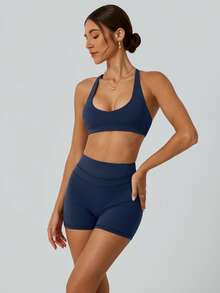 NcmRyu 1 Set Women's Fashion Elastic Sexy Backless Sports Bra And Shaping Leggings Workout Suit Summer - Màu xanh lam - Xem 9