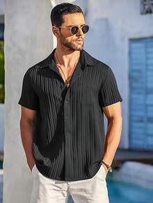 Camisas Casual de Hombre de Manga Corta para salir,  Camisas Para Hombre de Manga Corta Fiesta en playa,Verano - Negro - Ver 3