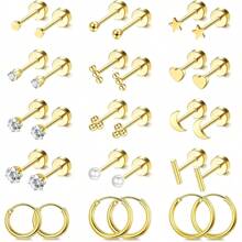 30pcs 18K Gold Plated Hypoallergenic Flat Back Stud Earrings Set, Small Stainless Steel Screw Back Earrings For Women