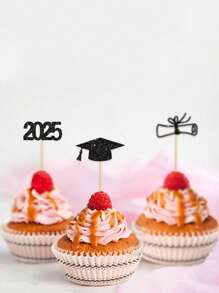 12pcs 2025 Graduation Party Cake Decorations - Cupcake Toppers Diploma Cap Shape Dessert Picks