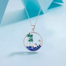 Summer Ocean Palm Tree Hollow Design Necklace & Earring Jewelry Set, Palm Tree, Sea Wave, Mother-Child Dolphin Pendant Necklace, Gift For Women, Girlfriend, Mom