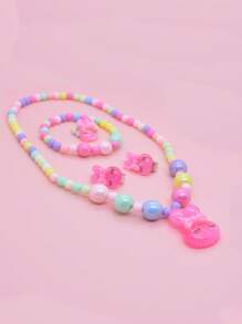 5pcs/Set Girls Cute Rainbow Pendant Beaded Necklace, Bracelet, Ring And Earrings, Lovely Jewelry Gift, Children Accessories (Bead Colors Random)