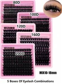 5 Caixas de Combinação de Cílios, Cílios Agrupados 80D+100D+120D+160D+200D Pretos Fofos Segmentados 10-18mm Comprimento Misto D/DD Curvatura DIY Maquiagem Diária Cílios Postiços, Agrupamentos de Cílios, Cílios Individuais, Cílios, Cílios Falsos