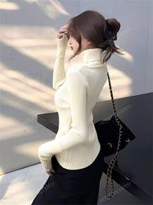 Women's Elegant High Neck Embroidery Texture Special Design Sweater, Apricot, Fitted Long Sleeve Knitted Top, Suitable For Commuting In Autumn/Winter