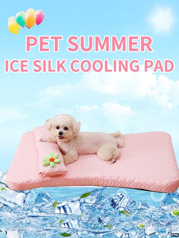 1 pieza Estera para mascotas de material de seda de hielo, cama refrescante y transpirable de verano para perros, almohadilla para dormir antideslizante extraíble con almohada, adecuada para mascotas medianas y pequeñas