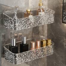 1pc Ice Texture Bathroom Square Shelf, Wall Mounted Transparent Storage Rack For Vanity, Shower Room, Kitchen, No Drilling Required Back To School