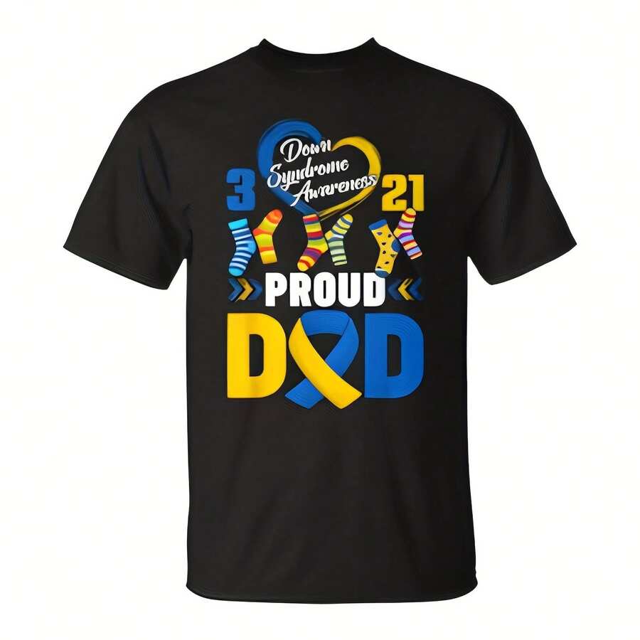 Proud Dad 321  Awareness Yellow & Blue Ribbon T-Shirt Aesthetic Y2K Style Summer Top, Loose Fitting T-Shirt For Outdoor, Home, Work Or Street Leisure, Soft And Durable Pure Cotton Fabric, Retro And Soft Design, I Gift For , Fashionable And Comfortable Shirt For Travel, Festivals Or Weekends - Black - View 1
