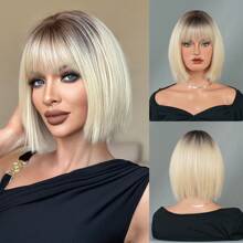 NICKY WALL Short Straight Blonde Bob Wig-12 Inch Elegant Wig With Bangs Dark Roots - Heat-Resistant Synthetic Fiber Wigs For Parties, Mother's Day - Easy Care For All Occasions(1Pc Hairnet For Free)
