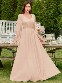 MIUSOL 深V领亮片拼接花卉蕾丝雪纺正式派对长裙，优雅女士春季派对礼服 - 香檳色 - 查看 11